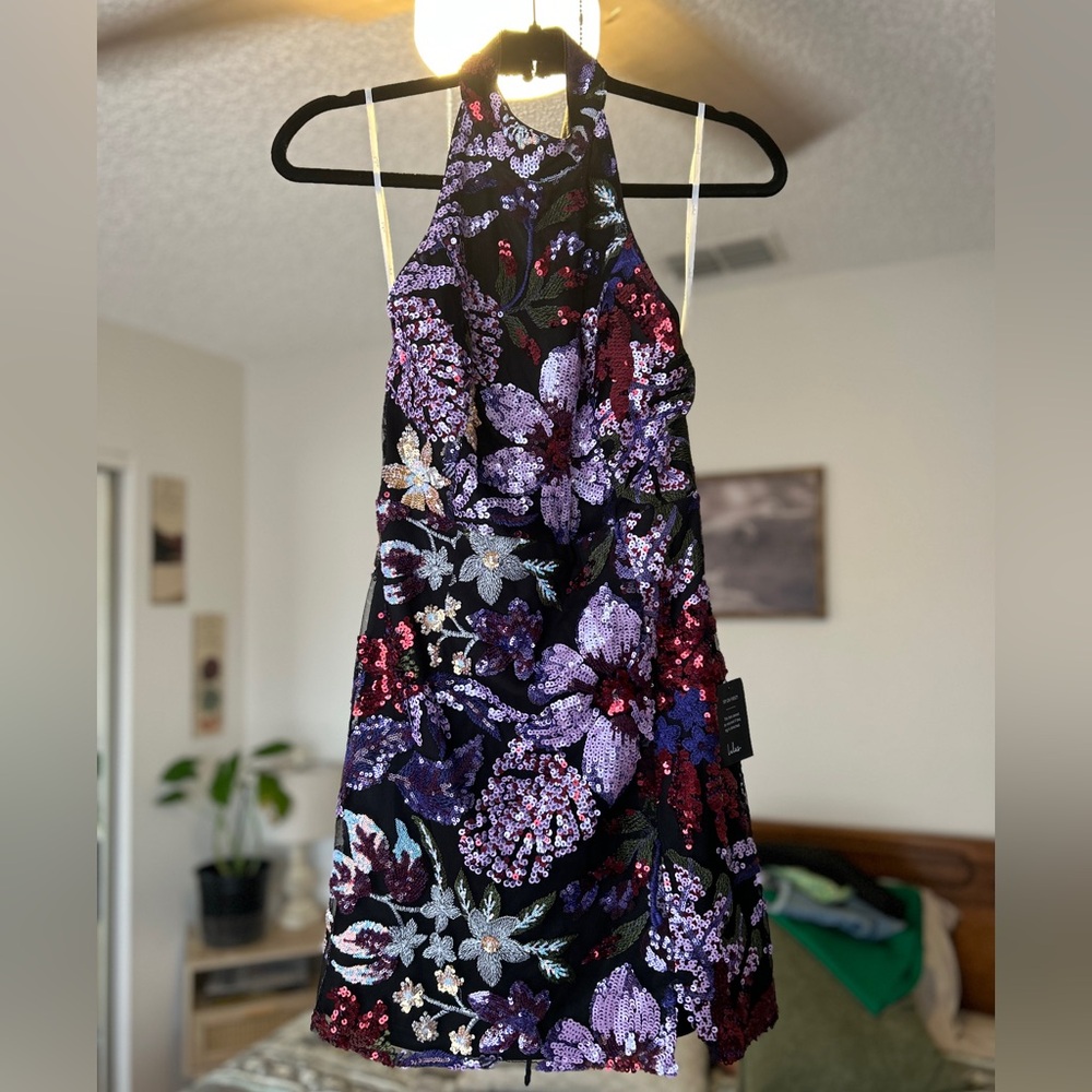 (NWT) Lulu's Black Sequin Floral Halter Mini Cocktail Dress